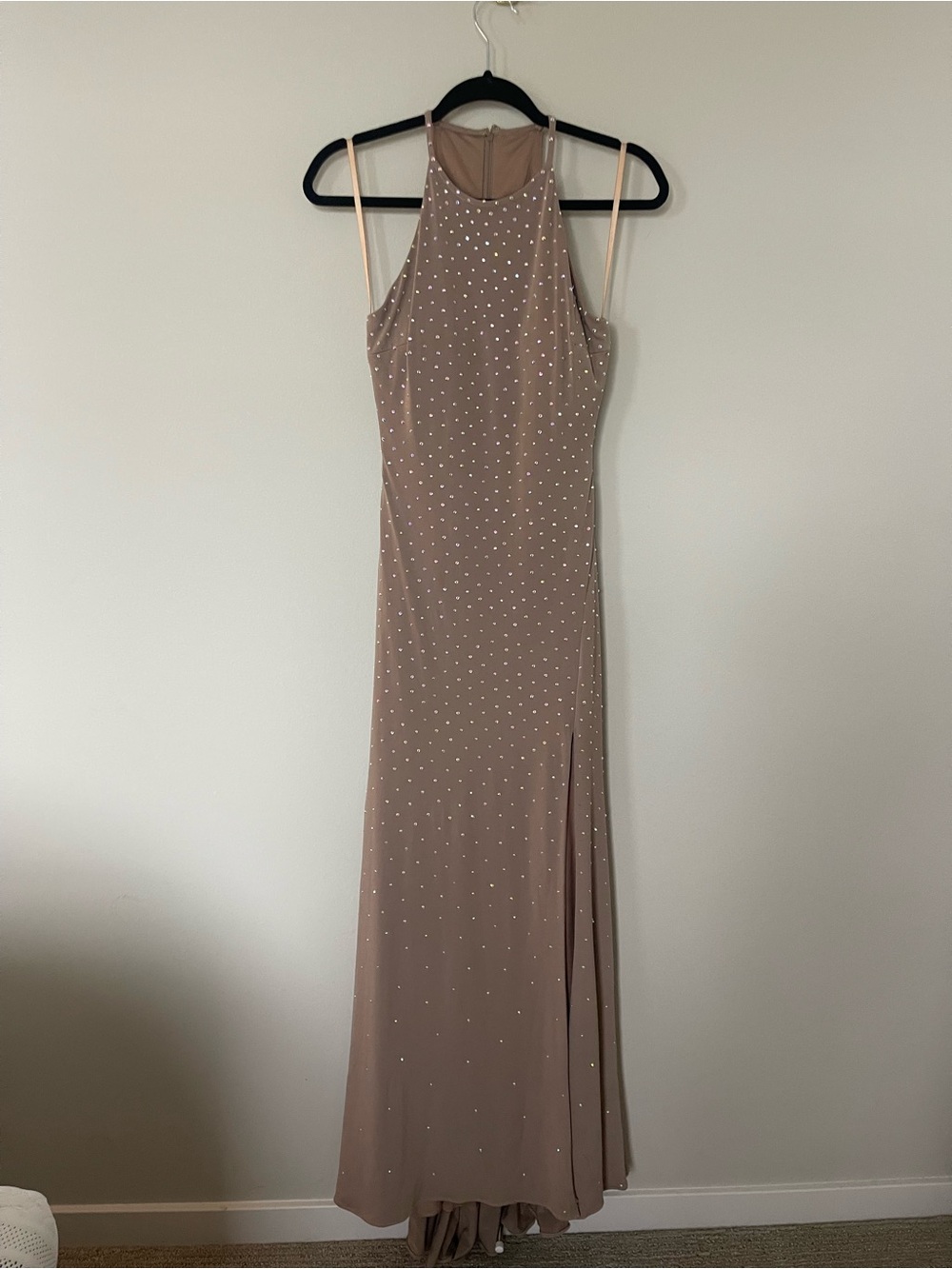 Jovani Taupe Embellished Halter Maxi Prom Dress